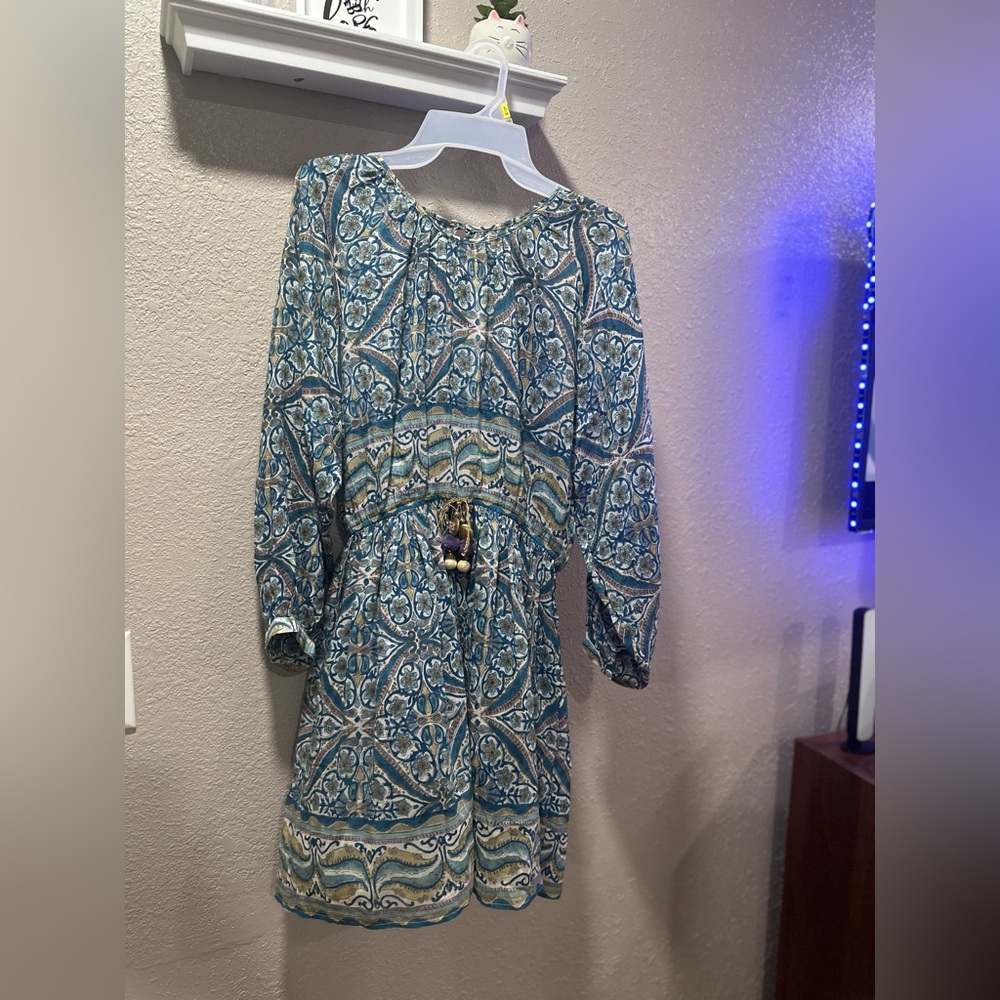 Bell blue baho floral thin, long sleeved flowing dress